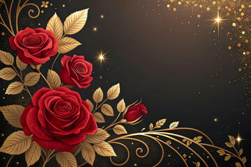 Elegant Arrangement of Red Roses and Petals on a Black Background,Elegant Red Roses on Black Background. A dramatic floral arrangement of red roses with golden swirls on a dark black background.
