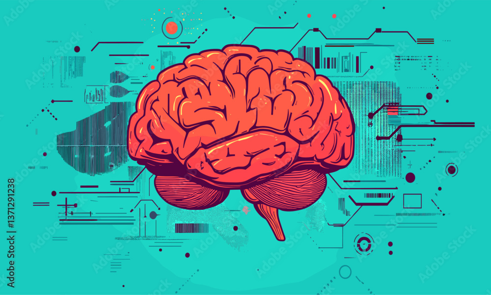 Poster abstract futuristic brain with technology and data elements on blue background, vector