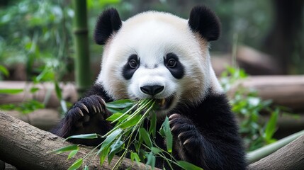 Fototapeta premium Adorable panda bear eating bamboo.