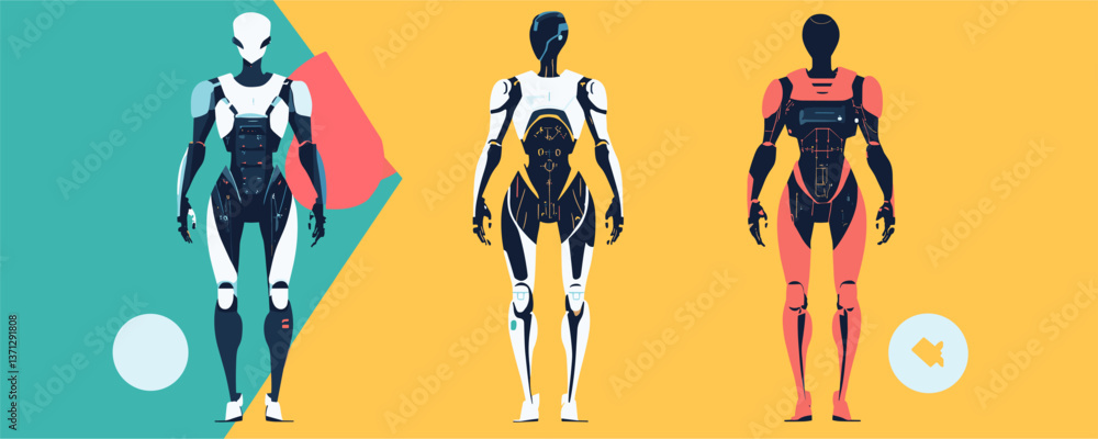 Poster three futuristic robots in bold geometric background - vector