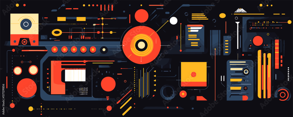 Poster futuristic abstract geometric technology circuit design in black and red - vector