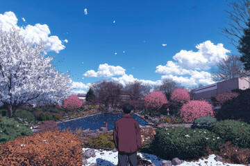 Fototapeta premium A man stands in front of a pond with trees in the background