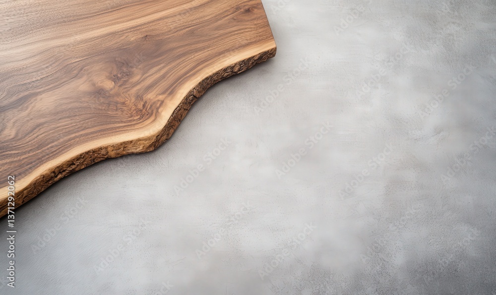 Poster a close-up view of a natural wood slab with a textured edge resting on a smooth concrete surface, sh