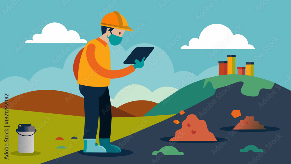 Poster a landfill worker carefully monitoring the levels of ane gas in the landfill to ensure efficient cap