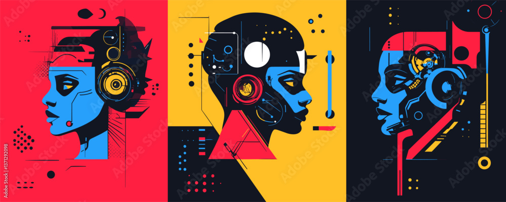 Poster futuristic abstract profiles with geometric designs and technological elements - vector