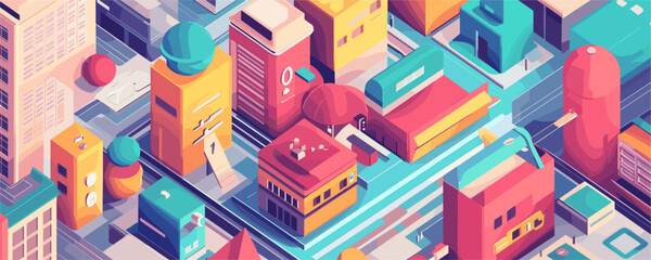 Colorful isometric cityscape with geometric buildings and roads, vector