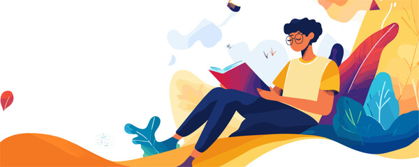 Young man reading a book outdoors amidst lush nature and vibrant colors - vector
