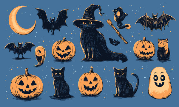 Halloween elements on blue background with pumpkins, black cats, and bats, vector
