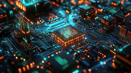 Obraz premium Advanced circuit board with illuminated processor.
