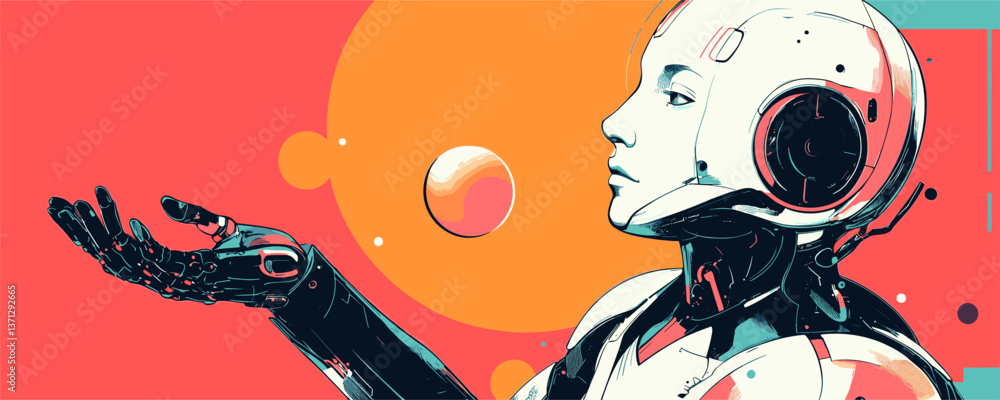Poster futuristic robot contemplating sphere with colorful background vector