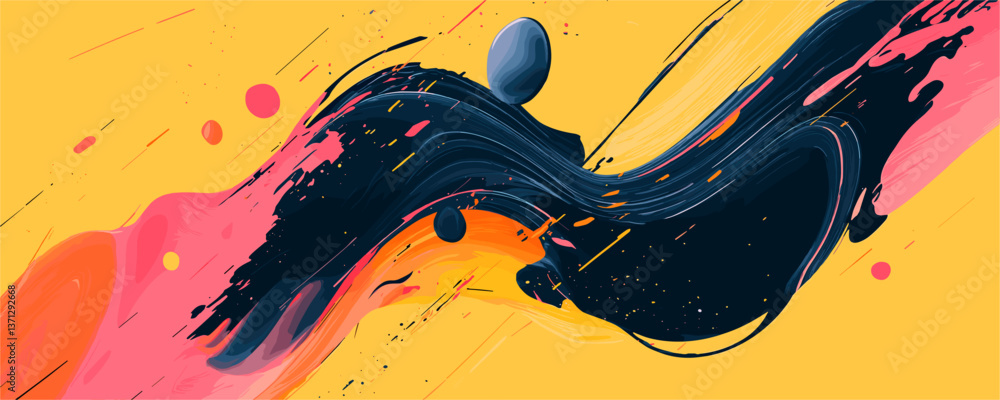 Poster abstract fluid art with vivid brush strokes and dynamic colors on yellow background - vector