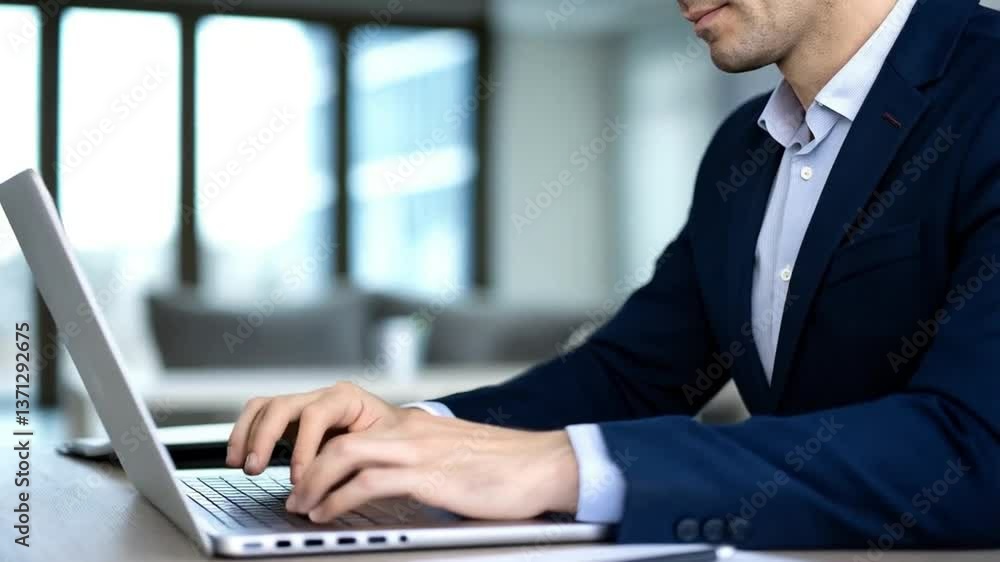 Aufkleber man in suit typing on laptop with check mark graphic overlay and clipboard on desk near pen