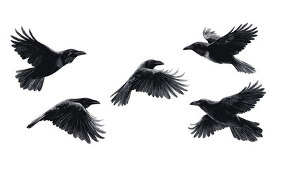 Obraz premium Group of ravens in flight against white background vector