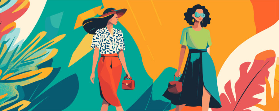 Two stylish women walking with handbags against vibrant background - vector
