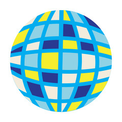 Flat Vector Illustration of a Colorful Disco Ball with Blue, Yellow, and White Grid Patterns Representing Party or Dance Floor Lighting in a Retro Nightlife Style