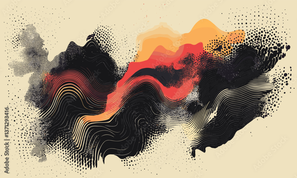 Poster abstract fluid dynamics with colorful waves and dots - vector