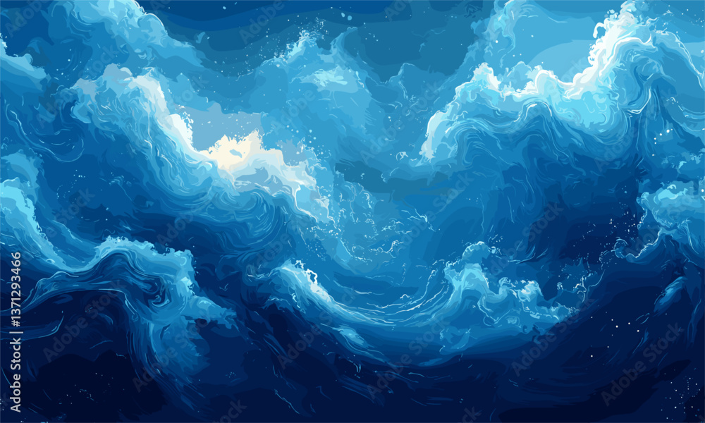 Poster abstract ocean waves with swirling blue patterns and light highlights - vector