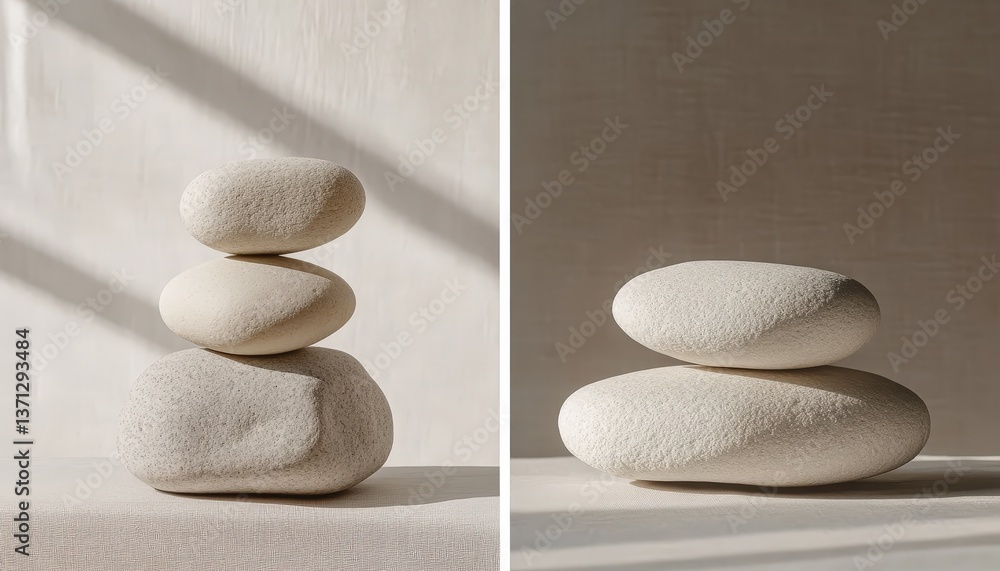 Poster three stacked stones resting on a smooth surface in a serene environment exuding tranquility and cal