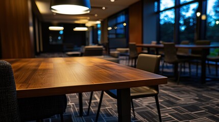 Cozy modern lounge with wooden table and soft lighting, creating a welcoming atmosphere