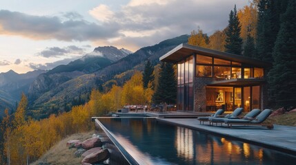 Luxury Home and Infinity Pool Overlooking Mountain Landscape at Sunset