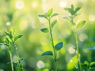 Obraz premium Young Plant Sprouts with Dew Drops in a Sunny Green Field