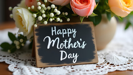 Garden-style centerpiece features chalkboard "Happy Mother's Day" sign nestled among fresh flowers with delicate details.