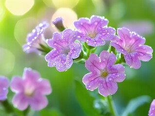Fototapeta premium Close-up of Pink Petunia Flowers Covered in Water Droplets Outdoors
