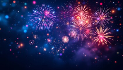 Dynamic festive backdrop with bright multicolored fireworks