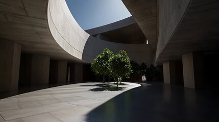 Modern architectural interior featuring a solitary tree under natural light in a serene space