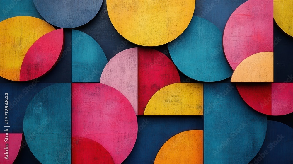 Poster Vibrant abstract geometric artwork in bold colors displayed on a canvas with circular patterns and shapes creating a dynamic visual experience