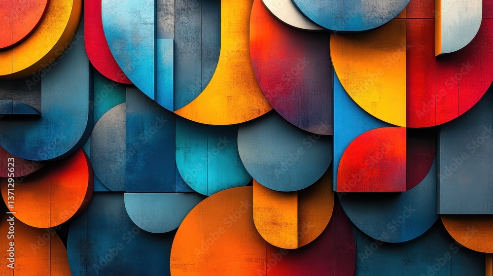 Poster Vibrant abstract geometric artwork in bold colors displayed on a canvas with circular patterns and shapes creating a dynamic visual experience