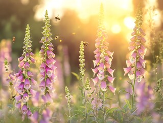 Obraz premium Foxglove Flowers in Meadow with Flying Bees at Golden Sunset Hour