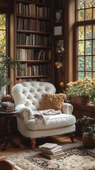 Fototapeta premium Reading nook cozy bookshelf warm ambiance high resolution hd image