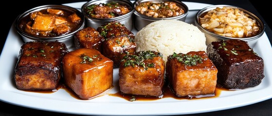 Savory meal glazed cubes, rice, & saucy side dishes arranged on a white plate against dark backdrop