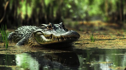 Fototapeta premium Alligator in swampy wetland, with vegetation and reflection.