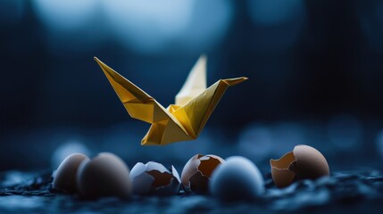 A vibrant yellow origami crane soaring above cracked eggshells in a serene, blurred forest background