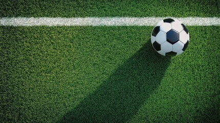 A top-angle, full shot of On the right side of the image, there is soccer field with a soccer ball resting on a white sideline