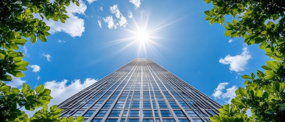 Fototapeta premium Skyscraper reaching towards the bright sun, framed by green leaves against a blue sky with clouds
