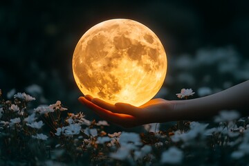 Full moon held in hand with flowers.