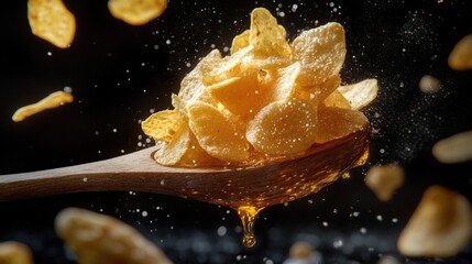 Crispy corn flakes on a wooden spoon with honey drizzle