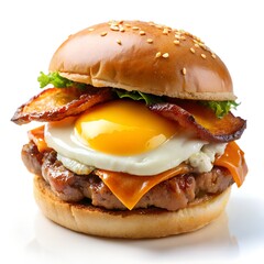 Fried egg and bacon brunch burger isolated on a white background