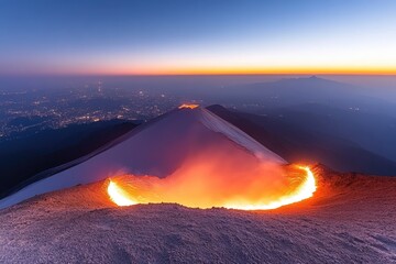 A glowing volcano crater spews hot lava under twilight sky. City lights illuminate the horizon