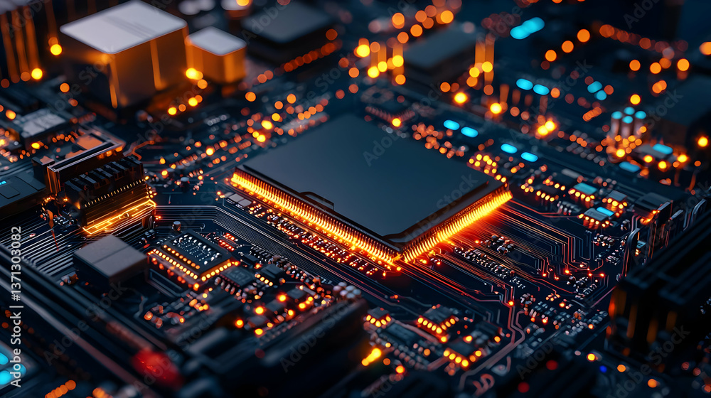 Poster detailed circuit board with glowing microprocessor