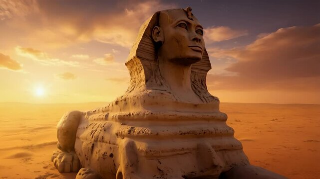 Exploring the majestic great sphinx at sunset in the Egyptian desert with golden skies