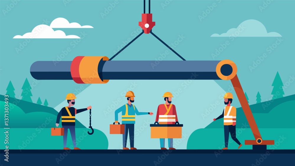 Poster a crane gently lowering sections of pipeline into place while workers guide them into position.. vec