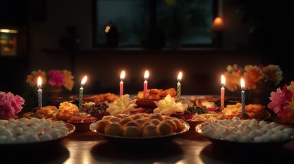 Obraz premium A traditional birthday setup with lit candles, floral designs, and a spread of cultural snacks neatly arranged on the table