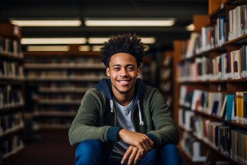 Portrait of a African American college student in a college library