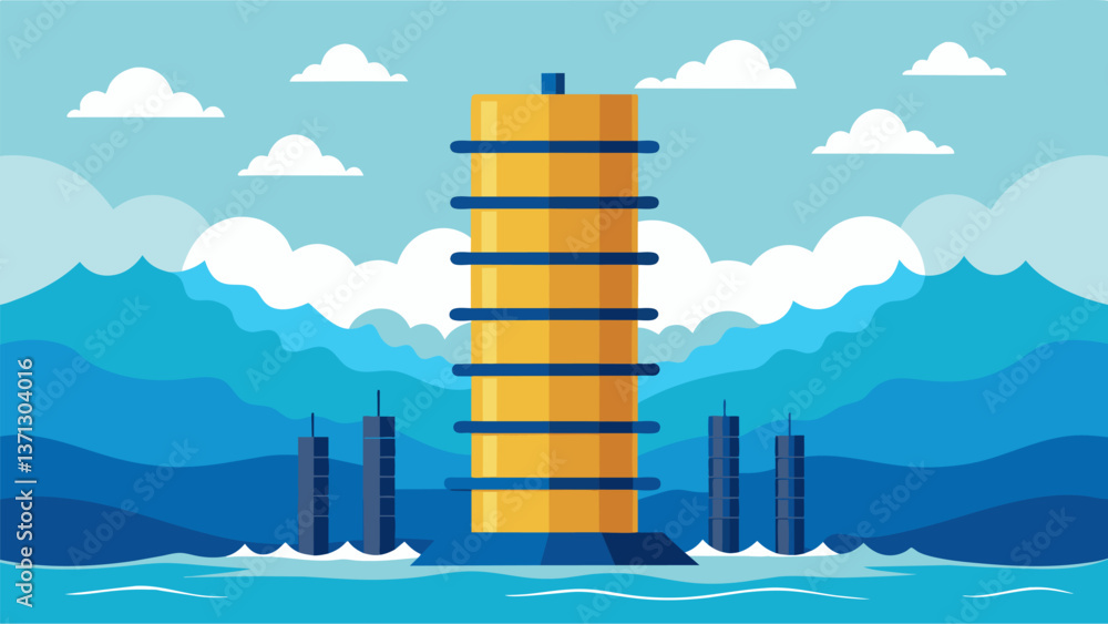 Poster a massive vertical structure with several cylinders stacked on top of each other rocks back and fort