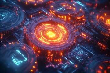Obraz premium Interlocking cogwheels, glowing with internal energy, forming a complex digital mechanism