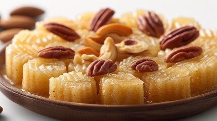 Indian sooji halwa semolina pudding ghee and nuts plated on white background